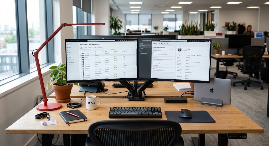 Escritorio con dos monitores mostrando un panel de administración de Microsoft 365