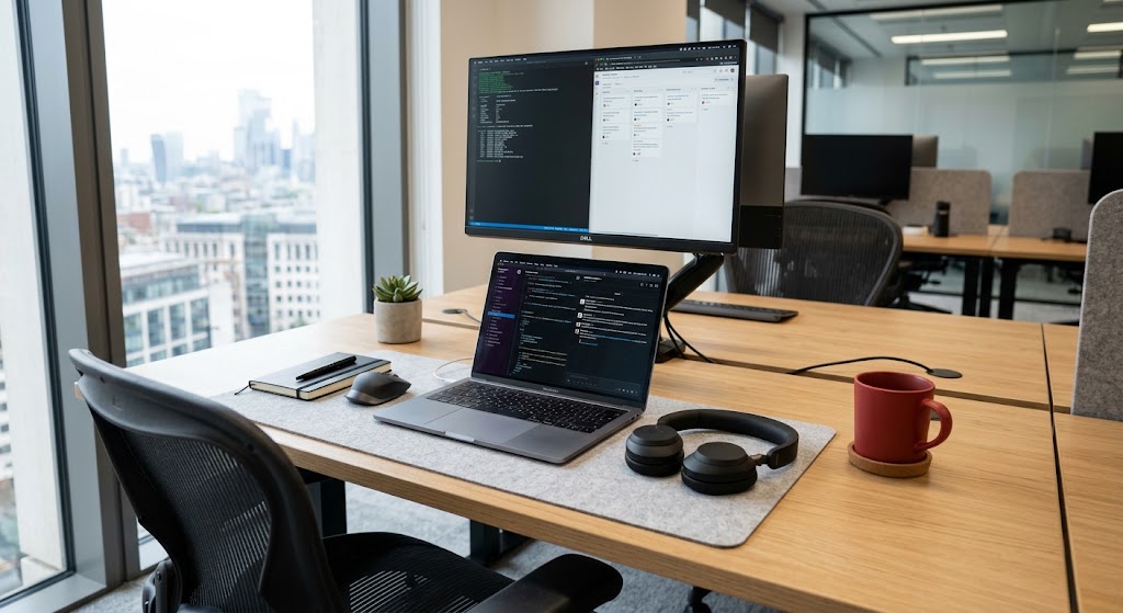 Puesto de trabajo de oficina con monitor y portátil mostrando código